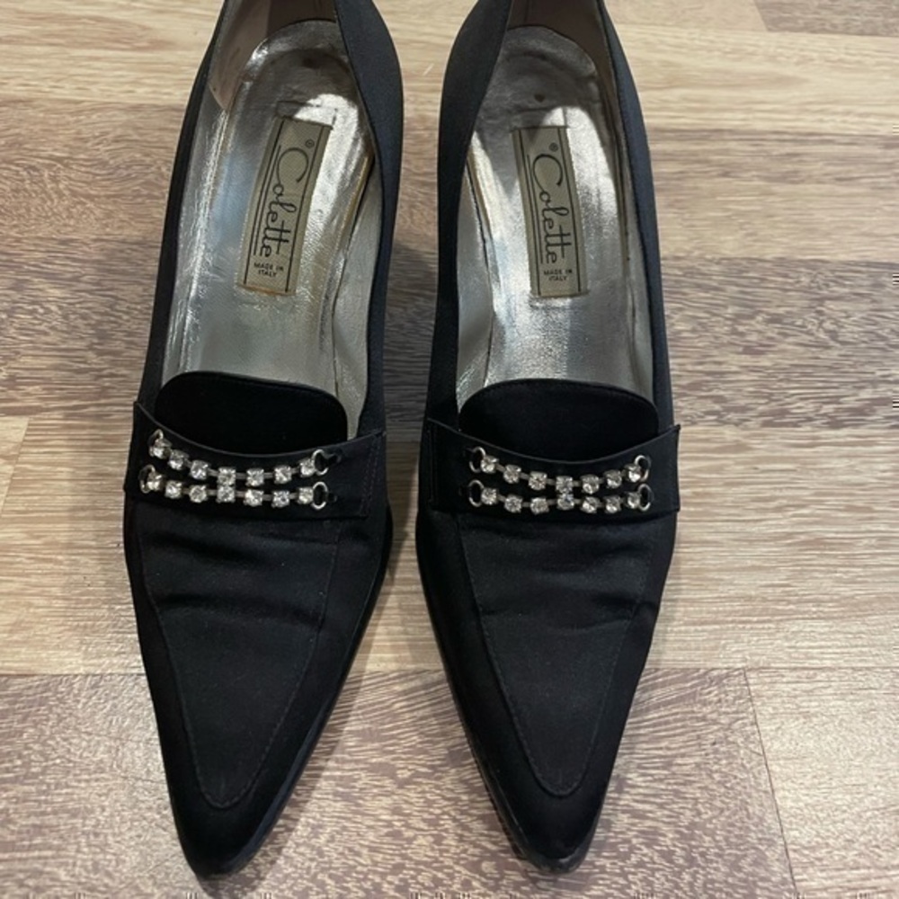 *VINTAGE* COLETTE SATIN RHINESTONE HEELS SIZE 39